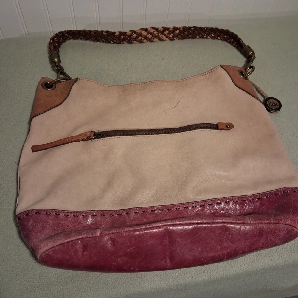 The Sak Two Tone Leather Shoulder Bag Braided Strap Boho Hobo Purse 15"